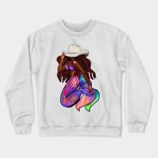 Cow girl Mermaid with flowing red locs and Country Cow boy hat Afro hair and brown skin. Black mermaid Crewneck Sweatshirt